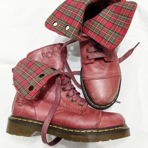 Doc Marten Cherry Red Aimilie plaid Mid Calf boots